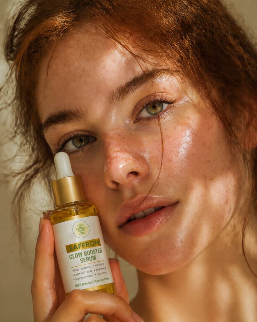 Model holding skincare product